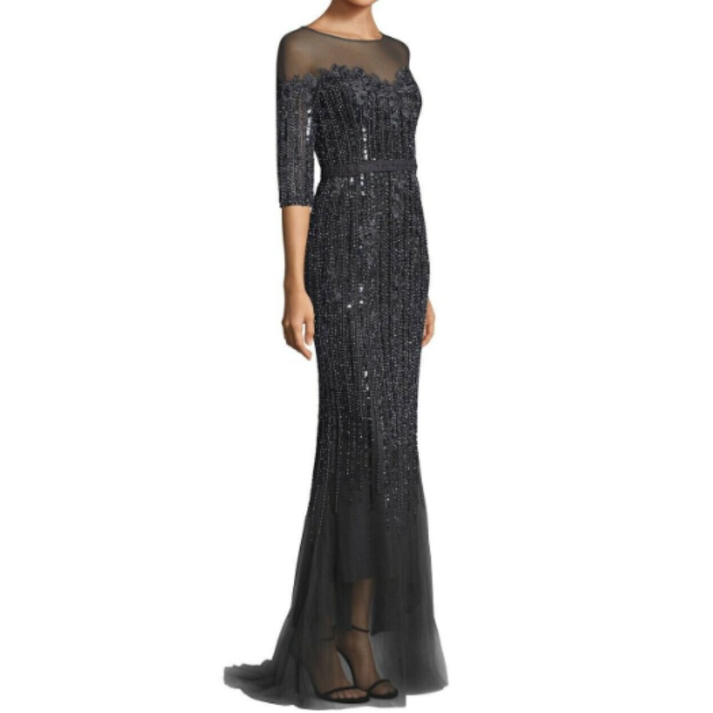 Basix Black Label Mesh Embellished Beaded Gown, 3/4 sleeves, Size 10 Orig $790